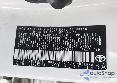 2017 Toyota Corolla Le из США, поврежденный, VIN 5YFBURHE8HP579824